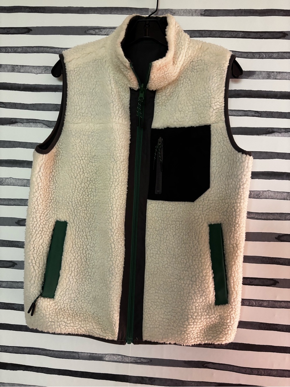 Women’s Cream Sherpa Fleece Vest with Navy  Pocket & Green trim